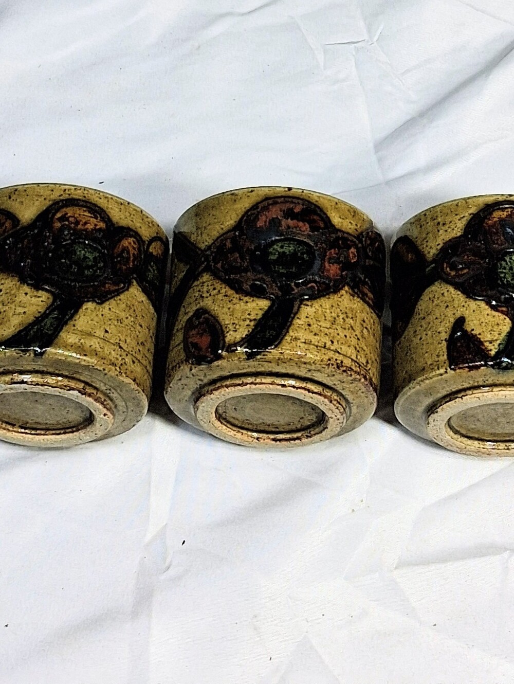 Set Of 3 Japanese Otagiri Sake/Tea/Candle Motives Stoneware Clay Cups 2.5"x2.5" - Picture 6 of 9